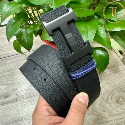 Thắt lưng Hermes 2 mặt màu đen xanh dập vân cá sấu khóa đen hàng hiệu siêu cấp HM 150 7 nit hermes (2)