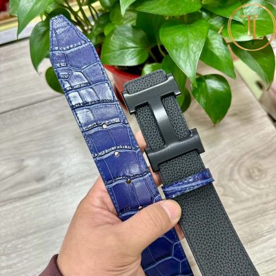 Thắt lưng Hermes 2 mặt màu đen xanh dập vân cá sấu khóa đen hàng hiệu siêu cấp HM 150 8 nit hermes (4)