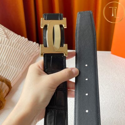 Thắt lưng Hermes màu đen dập vân cá sấu hàng hiệu like auth mặt khóa H vàng HM 168 7 that lung hermes (2)
