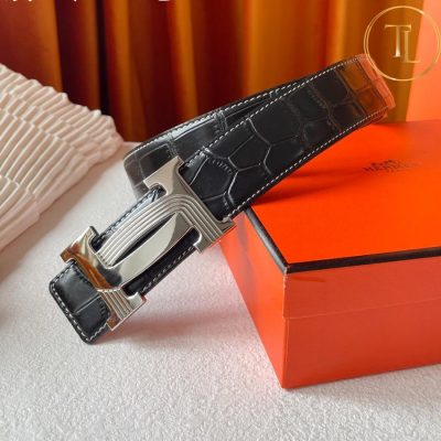 Thắt lưng Hermes màu đen dập vân cá sấu hàng hiệu like auth mặt khóa H bạc HM 169 7 that lung hermes (2)