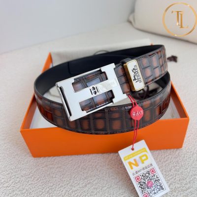 Thắt lưng Hermes nam hàng hiệu like auth màu nâu dập vân cá sấu mặt khóa bạc HM 104 7 that lung hermes (2)