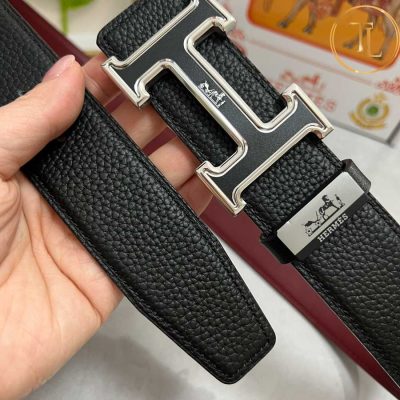 Thắt lưng Hermes nam dây 2 mặt đen đỏ đô da sần mặt khóa đen viền bạc siêu cấp HM 131 7 that lung hermes (2)