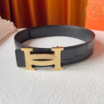 Thắt lưng Hermes màu đen dập vân cá sấu hàng hiệu like auth mặt khóa H vàng HM 168 9 that lung hermes (4)