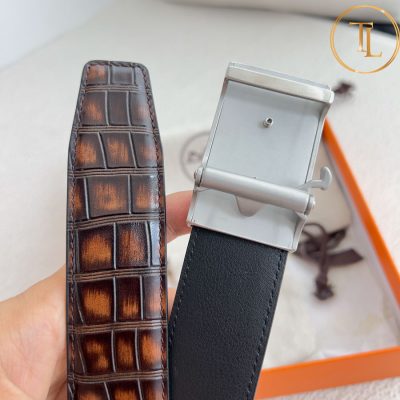 Thắt lưng Hermes nam hàng hiệu like auth màu nâu dập vân cá sấu mặt khóa bạc HM 104 10 that lung hermes (5)