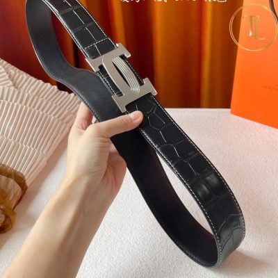 Thắt lưng Hermes màu đen dập vân cá sấu hàng hiệu like auth mặt khóa H bạc HM 169 11 that lung hermes (6)