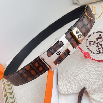Thắt lưng Hermes nam hàng hiệu like auth màu nâu dập vân cá sấu mặt khóa bạc HM 104 11 that lung hermes (6)