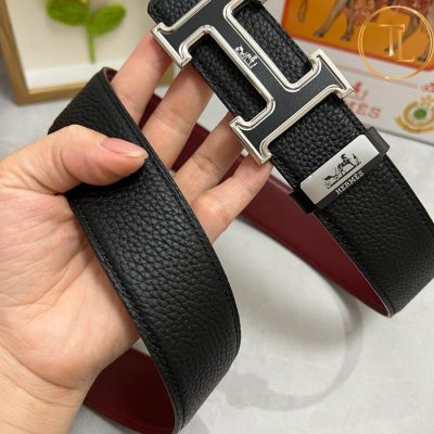 Thắt lưng Hermes nam dây 2 mặt đen đỏ đô da sần mặt khóa đen viền bạc siêu cấp HM 131 11 that lung hermes (8)