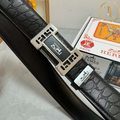 Thắt lưng Hermes nam dập vân màu đen mặt khóa bạc cải đen hàng hiệu siêu cấp HM 128 7 that lung hermes nam (2)