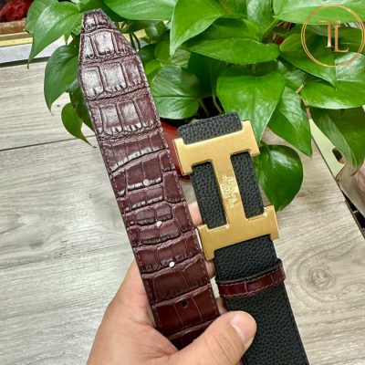 Thắt lưng Hermes 2 mặt màu đen nâu dập vân cá sấu khóa bạc hàng hiệu siêu cấp HM 152 11 that lung hermes nam (3)