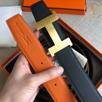 Thắt lưng Hermes nam 2 mặt màu đen cam mặt khóa chữ H vàng hàng hiệu like auth HM 120 9 that lung hermes nam (4)