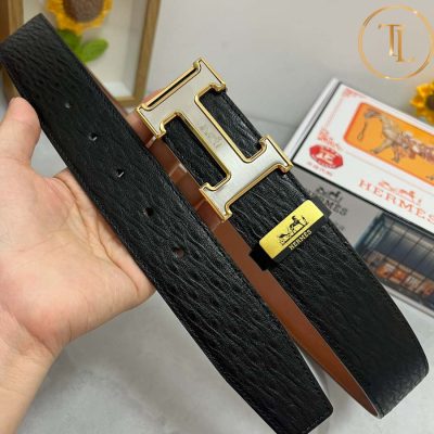 Thắt lưng Hermes nam 2 mặt màu đen nâu mặt khóa vàng H hàng hiệu like auth HM 122 9 that lung hermes nam (4)