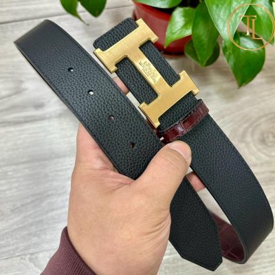 Thắt lưng Hermes 2 mặt màu đen nâu dập vân cá sấu khóa bạc hàng hiệu siêu cấp HM 152 9 that lung hermes nam (4)