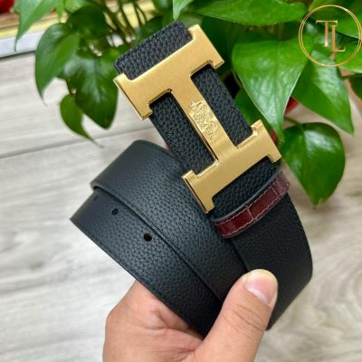 Thắt lưng Hermes 2 mặt màu đen nâu dập vân cá sấu khóa bạc hàng hiệu siêu cấp HM 152 10 that lung hermes nam (5)