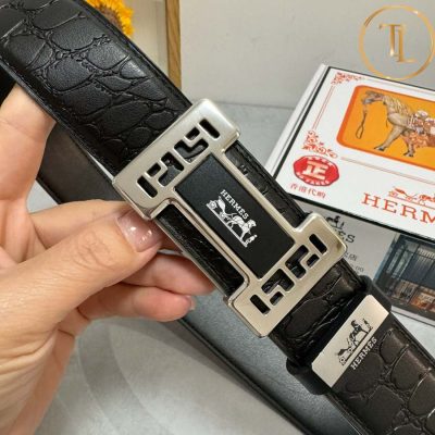 Thắt lưng Hermes nam dập vân màu đen mặt khóa bạc cải đen hàng hiệu siêu cấp HM 128 10 that lung hermes nam (6)