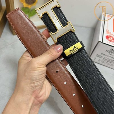 Thắt lưng Hermes nam 2 mặt màu đen nâu mặt khóa vàng H hàng hiệu like auth HM 122 10 that lung hermes nam (7)