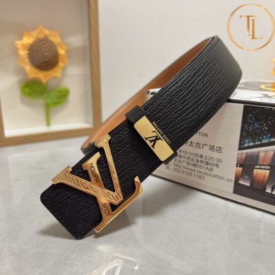 Thắt lưng Louis Vuitton màu đen da sần mặt khóa vàng họa tiết like auth LVD 08 7 that lung lv (2)