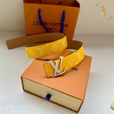 Thắt lưng Louis Vuitton nam màu vàng họa tiết mặt khóa vàng phối trắng like auth LVD 34 7 that lung lv nam (2)