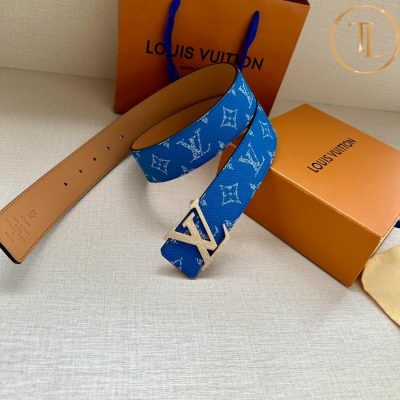 Thắt lưng Louis Vuitton nam màu xanh dương họa tiết mặt khóa màu vàng phối trắng LVD 38 7 that lung lv nam (2)