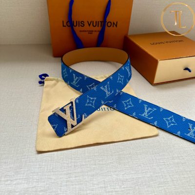Thắt lưng Louis Vuitton nam màu xanh dương họa tiết mặt khóa màu vàng phối trắng LVD 38 9 that lung lv nam (7)