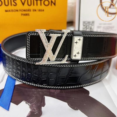 Thắt lưng Louis Vuitton nam màu đen dập vân cá sấu mặt khóa bạc họa tiết LVD 40 9 that lung lv nam (8)