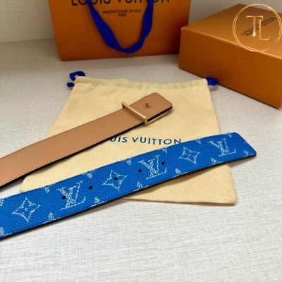 Thắt lưng Louis Vuitton nam màu xanh dương họa tiết mặt khóa màu vàng phối trắng LVD 38 10 that lung lv nam (9)