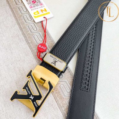 Thắt lưng Louis Vuitton màu đen mặt khóa đen viền vàng hàng hiệu like auth LVD 80 10 that lung nam lv (5)