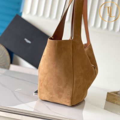 Túi xách kẹp nách nữ YSL hàng hiệu like auth màu nâu da lộn logo vàng YSL 041 7 tui ysl (2)